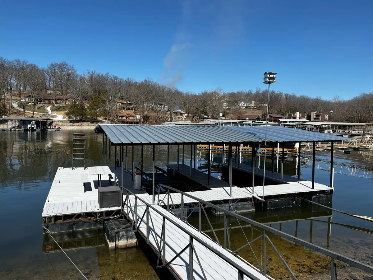 A wide view of a dock set on calm water, surrounded by trees and with neighboring houses subtly visible. The dock’s setting in a no-wake cove suggests safety and exclusivity for swimming, relaxing, and enjoying the water.
